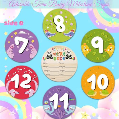 14 Designs Safari Twin Baby Monthly Milestone Cards Sign, 1-12 Months Wooden Photo Props for Twins, Gender-Neutral Twin Baby Shower Cards, Twins Memory Book Essentials (Twins Monthly Milestone) - color: Twins Monthly Milestone