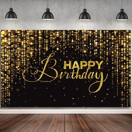 Happy Birthday Backdrop for Photography 5x3ft Luxury Black and Gold Birthday Party Backdrop Background Banner Bokeh Glitter Men Birthday Party Decorations Supplies Wallpaper Studio Props - color: Black Gold02, size: 5x3ft