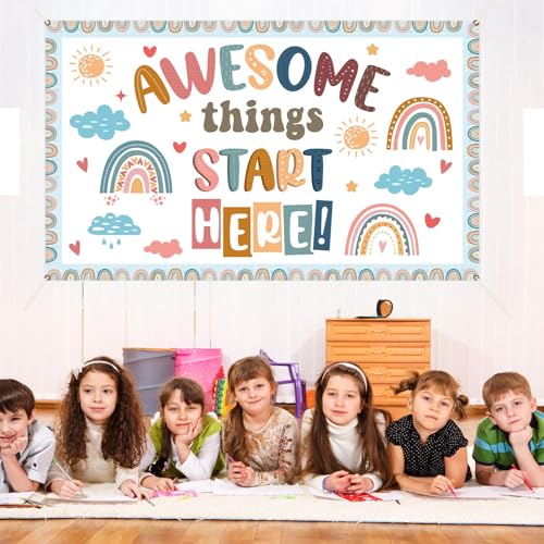 Wiooffen Back to School Classroom Decorations Boho Motivational Inspirational Quotes Backdrop Awesome Things Start Here Hanging Banner Photo Booth Props Background for School Hallway Home Wall Decor