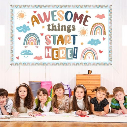 Wiooffen Back to School Classroom Decorations Boho Motivational Inspirational Quotes Backdrop Awesome Things Start Here Hanging Banner Photo Booth Props Background for School Hallway Home Wall Decor