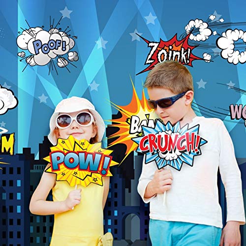 Superheroes Theme Party Photography Backdrop with Props. Super Hero Cityscape Photo Booth Background for Kids Party, Birthday Wall Decorations - size: 4*5.5 Feet