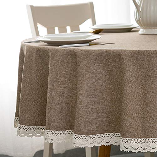 EHouseHome Faux Linen Tablecloth with Lace Trim - Waterproof/Spill Proof/Stain Resistant/Wrinkle Free/Oil Proof - for Banquet, Parties, Dinner,Kitchen,Wedding,Coffee,Holiday,Flax,Round 60Inch - color: Flax, size: 60" (Round)