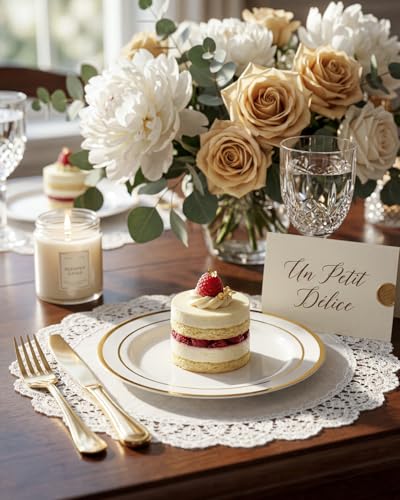 bUCLA 100Pieces Gold Plastic Plates - 6.25inch White with Gold Rim Disposable Salad/Dessert/Appetizer/Small Cake Plates Premium Hard - Ideal for Wedding, Party - color: 6.25Inch-100pcs-Gold