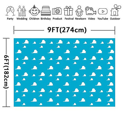 Blue Toy Backdrops for Photography 9x6FT White Clouds Wall Paper Photo Backgrounds for Children Kids Birthday Themed Party Photo Booth Props LUGE081 - size: vinyl-9x6ft