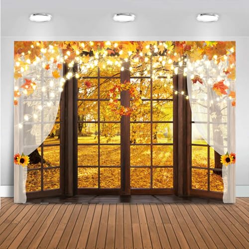 Hilioens 10x8ft Fall Windowsill Backdrops for Photography Autumn Forest Scenery Background for Photoshoot Maple Leaf Natural Scenery Banner Decoration Party Supplies Photo Studio Booth Props - size: 10x8ft