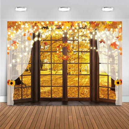 Hilioens 7x5ft Fall Windowsill Backdrop Autumn Forest Photography Background for Kids Photoshoot Maple Leaf Natural Scenery Banner Decoration Party Supplies Photo Studio Booth Props - size: 7x5ft
