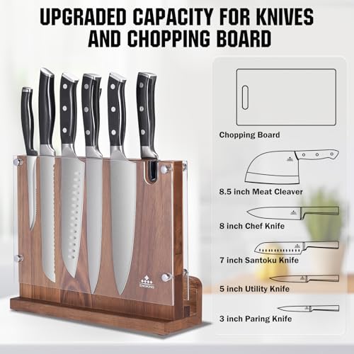 ENOKING Magnetic Knife Block 12.2 x 9.3", Double Sided Magnetic Knife Holde with Knife Sharpener, Acacia Wood Magnetic Knife Stand with Acrylic Shield for Kitchen Countertop - size: 12.2*9.3 inches