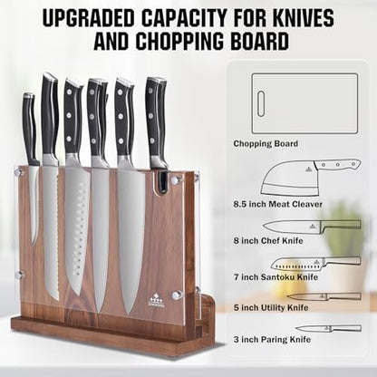 ENOKING Magnetic Knife Block 12.2 x 9.3", Double Sided Magnetic Knife Holde with Knife Sharpener, Acacia Wood Magnetic Knife Stand with Acrylic Shield for Kitchen Countertop - size: 12.2*9.3 inches