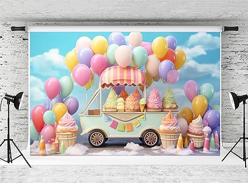 Kate 10x6.5ftSummer Ice Cream Car Backdrop for Photography Colorful Balloons Cake Smash Blue Sky Birthday Party Background for Kids Photo Props - size: 10x6.5ft