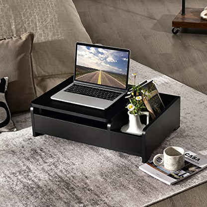 CHARMAID Countertop Vanity with Flip Top Mirror, 24inch Tabletop Laptop Desk with 2 Compartments Organizer, Modern Bedroom Makeup Dressing Vanity Mirror Cosmetic Storage Box Desktop (Black)