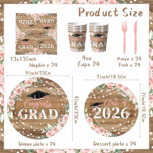 Class of 2026 Graduation Party Supplies,144Pcs Pink Floral Graduation Party Plates and Napkins Class of 2026 Congrats Grad Tableware Decorations for High School College Party Serve 24