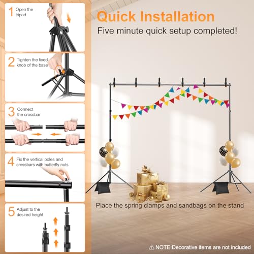 Backdrop Stand, Photo Video Studio 10 x 10FT Adjustable Backdrop Stand, Background Support System Kit with 2 Crossbars, 6 Clamps, 2 Sandbags and Carry Bag for Photography Parties Wedding - size: 10×10ft