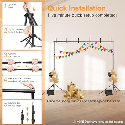 Backdrop Stand, Photo Video Studio 10 x 10FT Adjustable Backdrop Stand, Background Support System Kit with 2 Crossbars, 6 Clamps, 2 Sandbags and Carry Bag for Photography Parties Wedding - size: 10×10ft