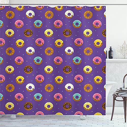 Ambesonne Donut Shower Curtain, Whimsical Colorful Doughnuts Pattern with Stars Dots Stripe Pattern, Cloth Fabric Bathroom Decor Set with Hooks, 69" W x 75" L, Blue Violet Ginger and Pink - color: Blue Violet Ginger and Pink, size: 69" W x 75" L
