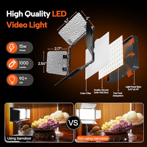 2 Pack LED Video Photography Lighting Kit with 54'' Tripod Stand, Dimmable 5600K USB Studio Lights with Barndoor -9 Color Lighting for Video Recording, Photo Studios, YouTube, TikTok, Game Streaming