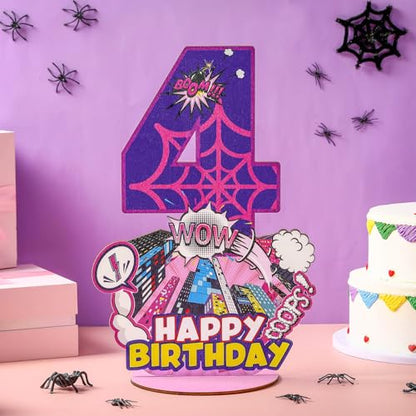 Baderke Pink Spider Theme Birthday Number Sign 16.7'' Purple Spider Birthday Centerpiece for Party Decor Wooden Table Photo Prop(4th) - style: 4th