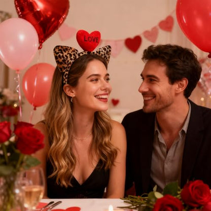 Valentine’s Day Headband Leopard Print Cat Ear Hairband Hair Accessories Gift for Date Candlelit Dinner Party Supplies - color: Red