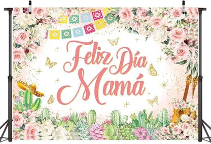 Feliz Dia Mama Banner Backdrop 7x5FT Mexican Happy Mother's Day Photography Background Pink Flowers Cactus Best Mom Ever Party Decorations Supplies Photo Props - size: 7x5FT