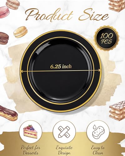 bUCLA 100PCS Black and Gold Plastic Plates - 6.25 inch Black Gold Premium Hard Disposable Dessert/Salad/Appetizer/Small Cake Plates for Party, Graduation & New year - color: 6.25Inch-100pcs-Black Gold