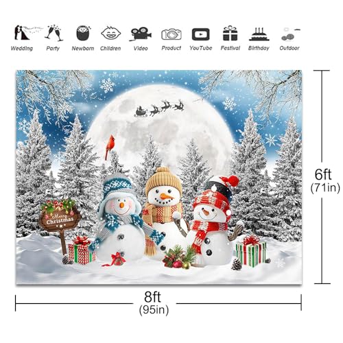Christmas Snowman Backdrop 8x6ft Merry Christmas Snowy Forest Photography Background Party Decorations Winter Wonderland Xmas Moon Banner Photo Booth Props - size: 8x6ft