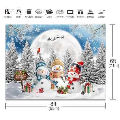 Christmas Snowman Backdrop 8x6ft Merry Christmas Snowy Forest Photography Background Party Decorations Winter Wonderland Xmas Moon Banner Photo Booth Props - size: 8x6ft
