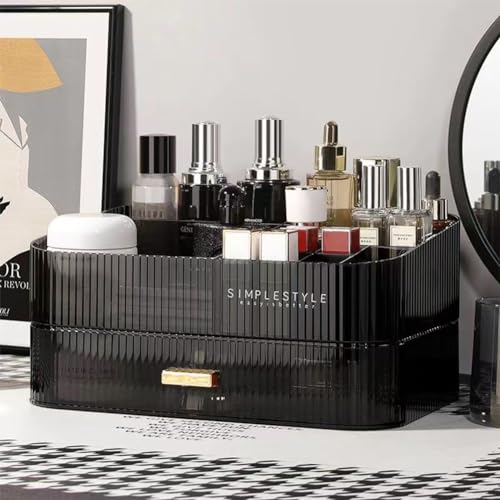 Makeup Organizer with Stackable Drawers, Bathroom Vanity Organizers and Storage, Ideal for Desk and Dresser Countertops, Great for Cosmetics, skincare, Lipsticks, Nail Care -Black - color: Clear Black, size: Tray and Drawer