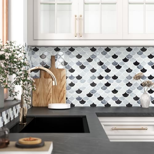 WESTICK 3D Textured Marble Peel and Stick Backsplash Heat Resistant Kitchen Backsplash Tiles Waterproof Shell Peel and Stick Wall Tiles for Bathroom Sink Camper Grey White Black 10 Sheet 12" x 12" - color: 10.black Grey