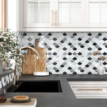 WESTICK 3D Textured Marble Peel and Stick Backsplash Heat Resistant Kitchen Backsplash Tiles Waterproof Shell Peel and Stick Wall Tiles for Bathroom Sink Camper Grey White Black 10 Sheet 12" x 12" - color: 10.black Grey