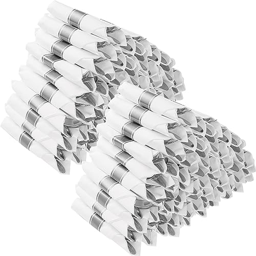Goodluck 100 Pack Pre Rolled Silver Plastic Silverware, Wrapped Plastic Cutlery Set with Napkin Include 100 Forks, 100 Knives, 100 Spoons and 100 Napkins, Disposable Silverware for Party, Wedding - size: 100pc, style: Silver