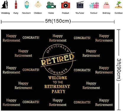 Officially Retired Black Golden Banner Backdrop for Photography, 5x3FT, Happy Retirement Party Background, Photo Booth Studio Props RBJMYLU222 - size: polyester microfiber fabric-5x3ft