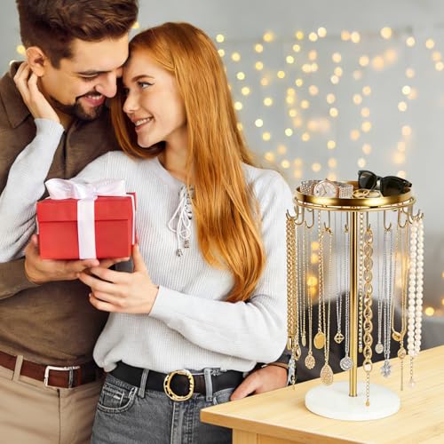 Necklace Holder Metal Jewelry Organizer Stand, Necklace Organizer Hanger with Tray & Hooks for Desk, Jewelry Holder for Necklaces Bracelets and Keychains, Elegant Home Hanging Decor - Gold - color: Gold