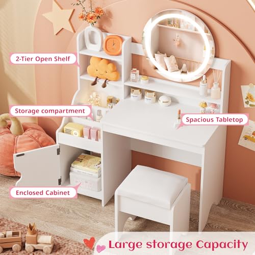 Vabches Kids Vanity with Lights, Princess Makeup Vanity Desk with Open Bookshelf, Storage Cabinet & Shelves, Toddler Vanity Table and Chair Set, Pretend Play Vanity Set for Little Girls, White - style: White