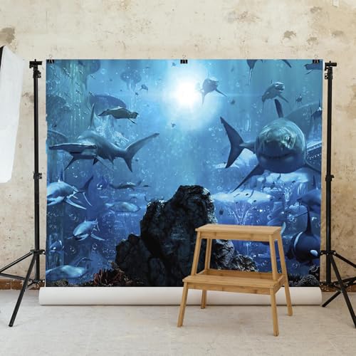15x10ft Fabric Shark Theme Backdrop Deep-sea Ocean Shark Reef Aquarium Photography Background Birthday Theme Party Decoration Banner Kid Diver Portrait Photo Studio Props - size: 15x10 FT