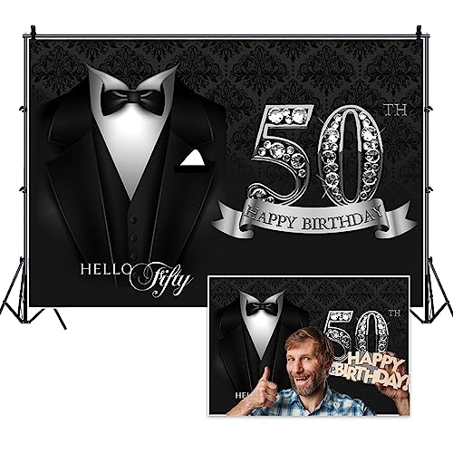 5x3ft Photography Backdrop for Man 50th Birthday Party Decor Black Necktie Suit Tuxedo Silver Diamonds 50th Happy Birthday Background Luxury Hello Fifty Birthday Party Cake Table Banner - color: black silver 50, size: 5x3ft
