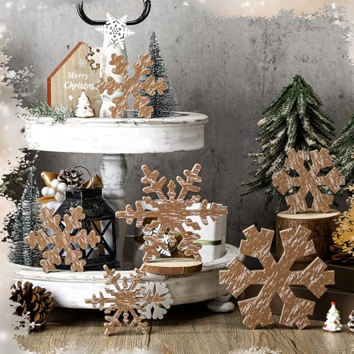 Huwena 6 Pcs Winter Tiered Tray Decor Snowflake Table Signs Hello Winter Wood Blocks Farmhouse Let It Snow Wood Decor for Table Shelf (Rustic Style) - style: Rustic Style