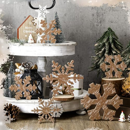 Huwena 6 Pcs Winter Tiered Tray Decor Snowflake Table Signs Hello Winter Wood Blocks Farmhouse Let It Snow Wood Decor for Table Shelf (Rustic Style) - style: Rustic Style
