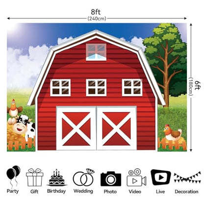 Cartoon Farm Photography Backdrop 8x6ft Animals Rustic Farmhouse Red Barn Photo Background for Kids Birthday Party Decoration Barnyard Baby Shower Newborn Photobooth Banner - size: 8x6 FT