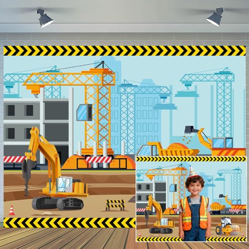 5 x 3 ft Construction Theme Backdrop Dump Truck Excavators Material Equipment Under Construction Background Kids Boys Birthday Party Banner Decoration Photo Studio Props - color: Multi1, size: 5X3FT