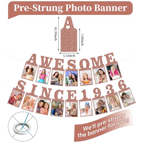 Pre-strung Awesome Since 1936 Photo Banner Birthday Decorations for Women- Pink Rose Gold Glitter 90th Birthday and Anniversary Decorations Party Supplies - style: Pink Rose Gold 90th