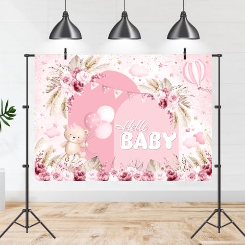 Boho Baby Shower Backdrop 7x5ft Pink Floral Hello Baby Girls Photography Background Bear Theme Bohemian Party Decorations Banner Photo Booth Props - color: Pink