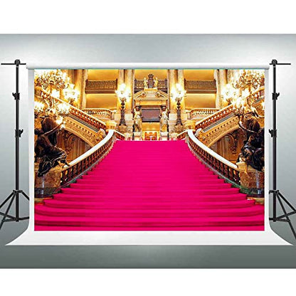 Pink Carpet Stairs Backdrop, Royal Themed Birthday Party Photo Backdrop Vinyl 7x5ft Golden Palace Gorgeous European Hall Bridal Shower Banner BJXTGU84 - color: Pink, size: 7x5ft