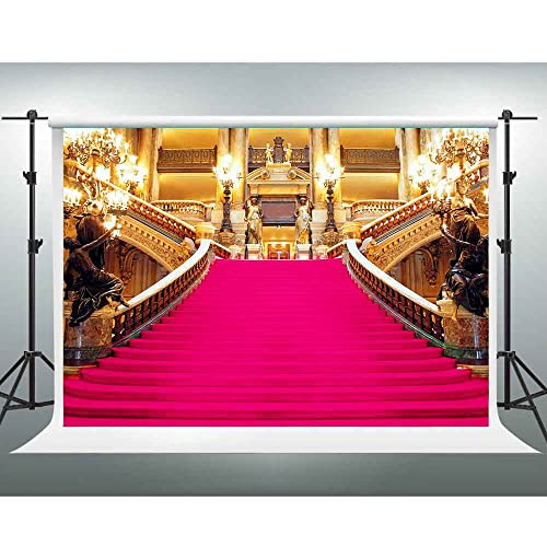 Pink Carpet Stairs Backdrop, Royal Themed Birthday Party Photo Backdrop Vinyl 7x5ft Golden Palace Gorgeous European Hall Bridal Shower Banner BJXTGU84 - color: Pink, size: 7x5ft