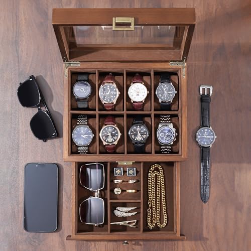 ProCase Wooden Watch Case, 8 Slot Mens Watch Box with Drawer, 2-Layer Mens Jewelry Box Storage Holder Organizer Display Case, Valentine Anniversary Birthday Gifts for Men Women -8 Slot, Brown - color: Brown, size: 8-Slot