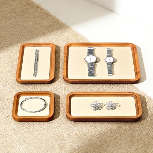 Solid Wood Jewelry Display Flat Tray for Rings Earrings Necklace Bracelet, Jewelry Photograph Display(Beige,L) - color: Beige, size: 20 * 18 * 1.5cm