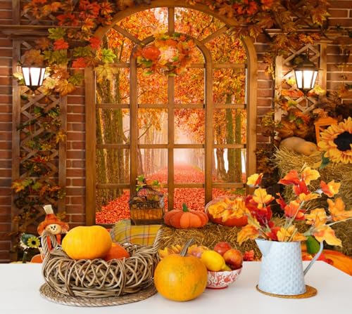 Fall Thanksgiving Backdrop Autumn Pumpkin Harvest Window Backdrop for Photography Background 10x8ft Maple Leaves Forest Haystack Photo Backdrop Kids Baby Birthday Party Portrait Prop Banner - color: NSW12879