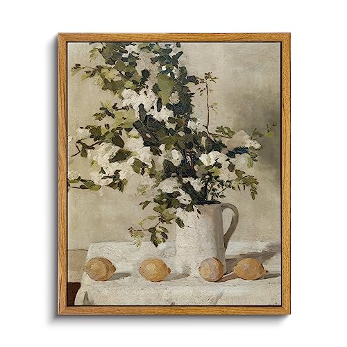 VIYYIEA Vintage Framed Canvas Wall Art, Kitchen Art Decor, Flowers and Lemons Pictures Painting, Vintage Farmhouse Country Decor for Dining Room Bathroom, 9"x11" - color: Flowers and Lemons, size: 11"L x 9"W