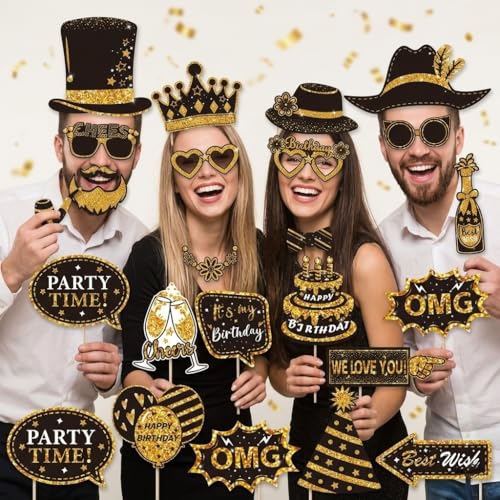 38 Pcs Birthday Photo Booth Props Kits Graduation New Year Wedding Party Favors Black and Gold 40th 50th 60th 70th 80th Happy Birthday Anniversary Party Supplies