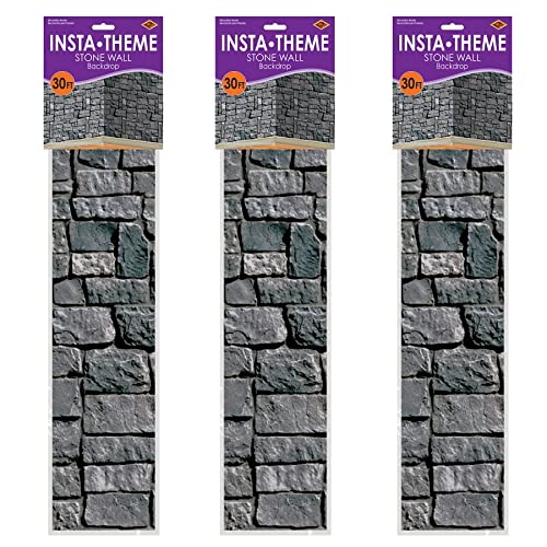 Beistle Stone Wall Backdrop 3-Count – Extra Large 4' x 30' Plastic Medieval Wall Decorations for Halloween Parties, Castle-Themed Events, Haunted Houses, Fantasy Photo Backgrounds - style: Stone Wall - 3 Piece