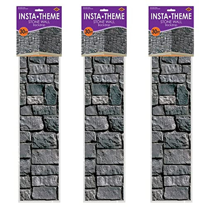 Beistle Stone Wall Backdrop 3-Count – Extra Large 4' x 30' Plastic Medieval Wall Decorations for Halloween Parties, Castle-Themed Events, Haunted Houses, Fantasy Photo Backgrounds - style: Stone Wall - 3 Piece