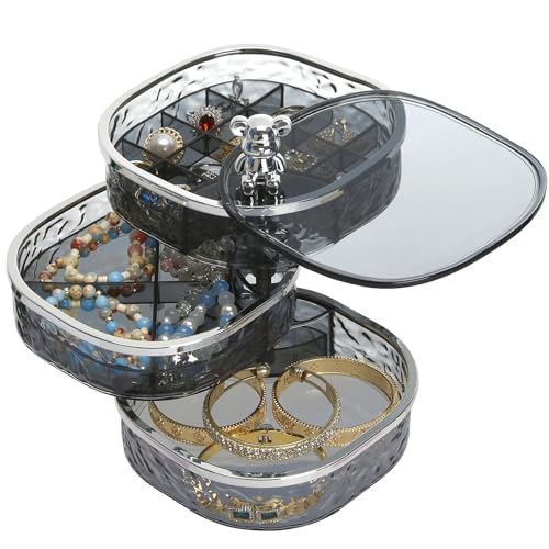 LETURE 3-Layers Rotatable Jewelry Organizer Storage Box, Clear Ripple Jewelry Holder Case for Ring Earring Necklaces Bracelets Makeup Hair Accessories, Small Rotating Jewelry Tray for Women (Grey) - color: Grey